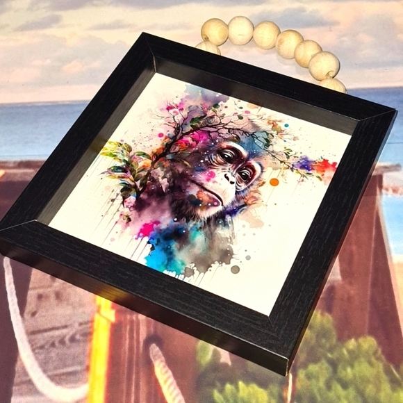 Monkey Portrait Watercolor Oil Painting Framed Print - Picture 6 of 7